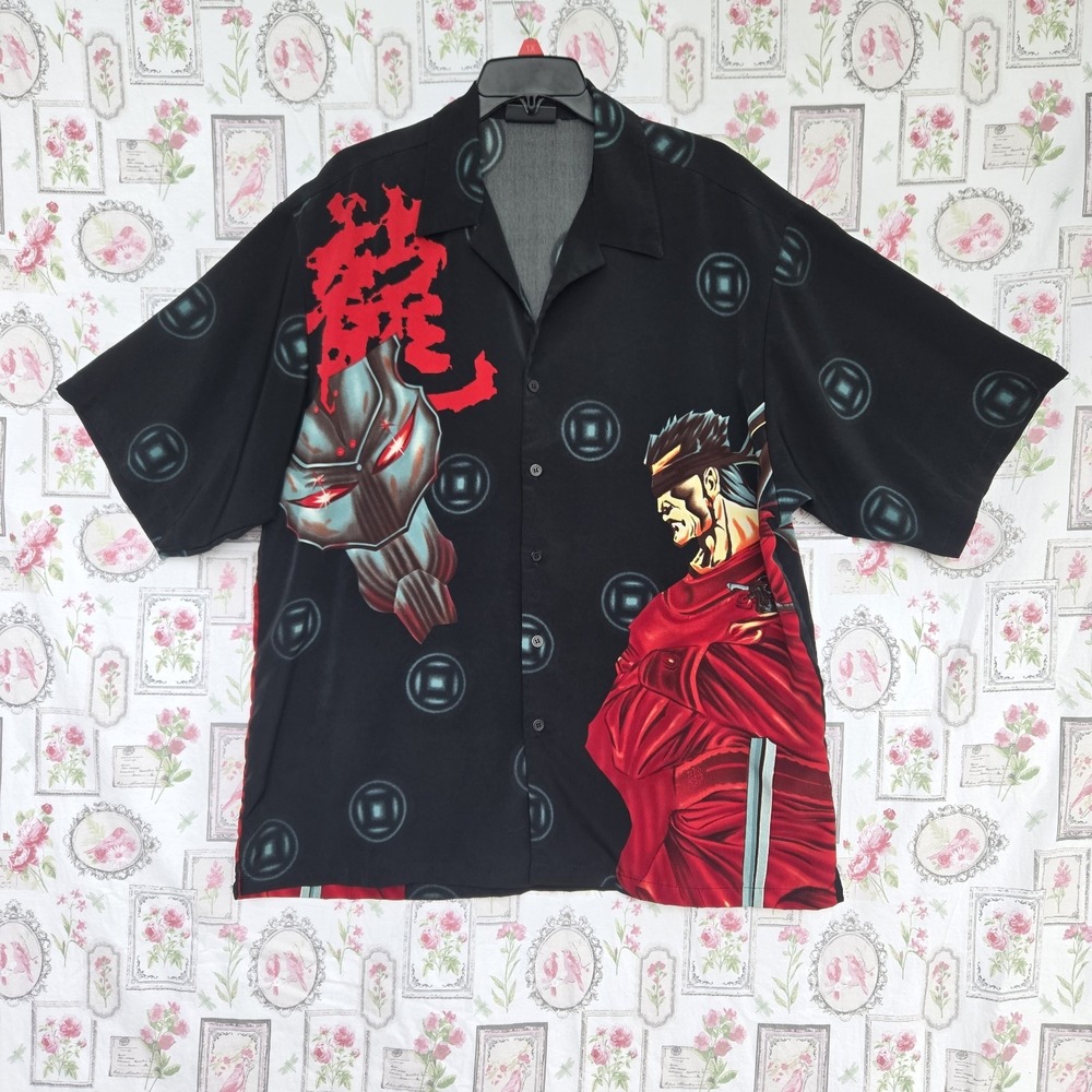Vintage 90s Anime Samurai Shodown Seishiro Kuki Black‎ Button Up Shirt Mens XL